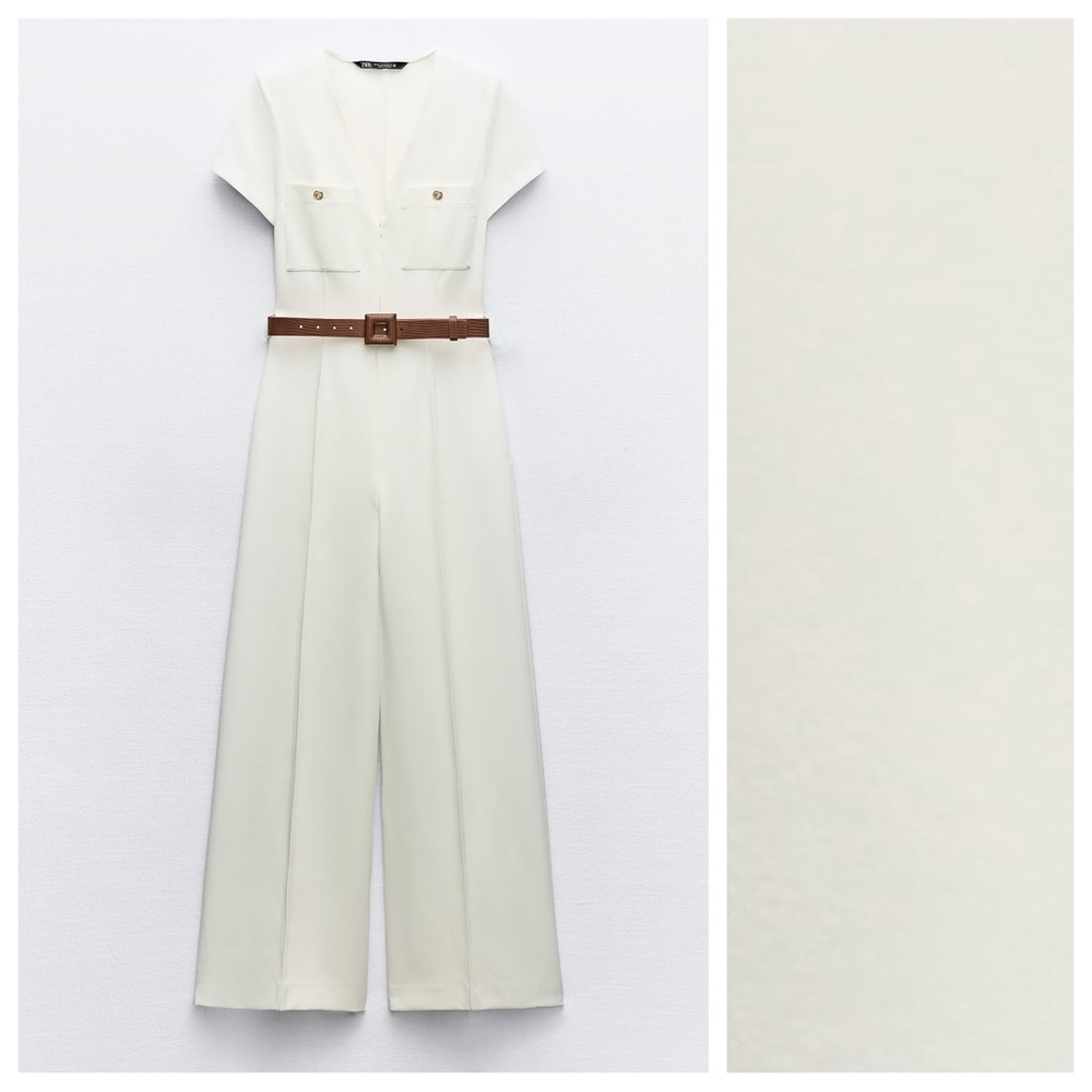 NWT. Zara White Belted Crepe V-neck Jumpsuit with Short Sleeves. Size L. - Picture 6 of 11